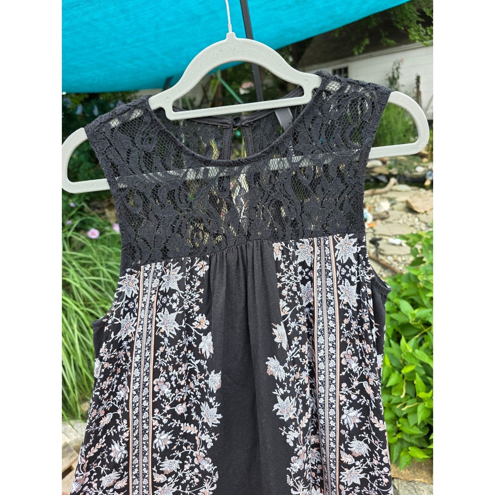 Estam Womens Boho Floral Border Print Sleeveless Tunic Top Black Lace Yoke L - Picture 3 of 9